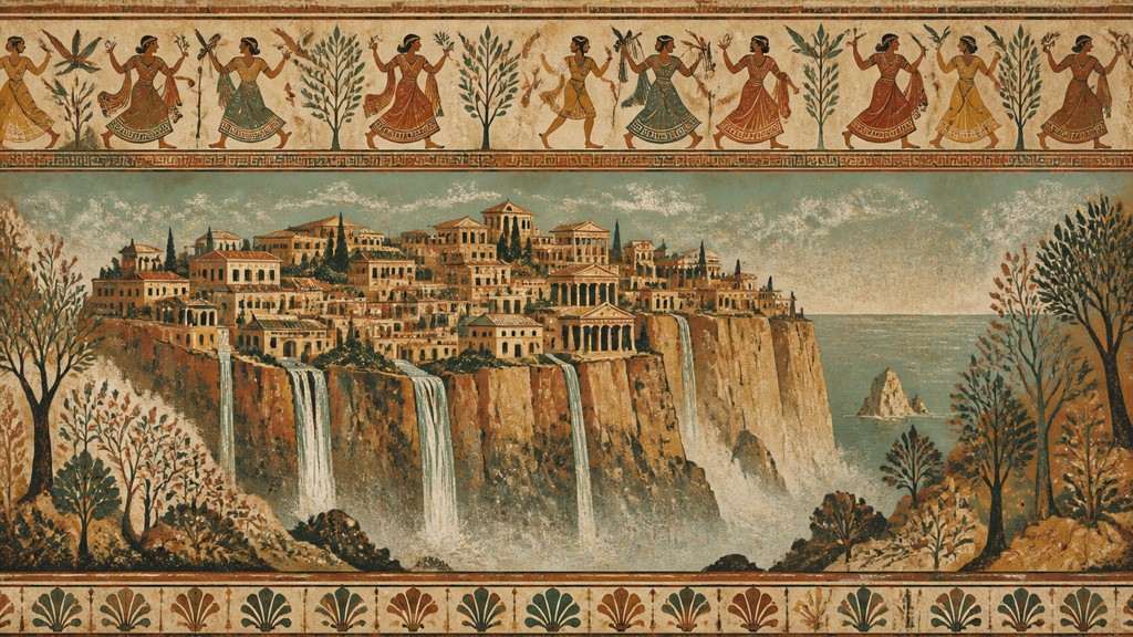 a cliffside city with waterfalls cascading into a misty canyon, wide establishing shot, no people, no text