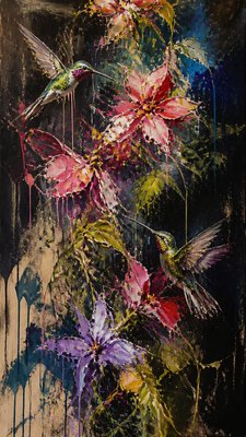 a climbing vine of flowers and hummingbirds on a dark background, tall wrapping composition, no text