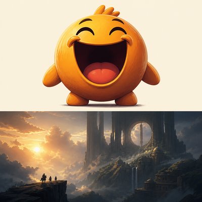 an exaggerated laughing face of an original round mascot character, bold and readable at small size, plain background, no text