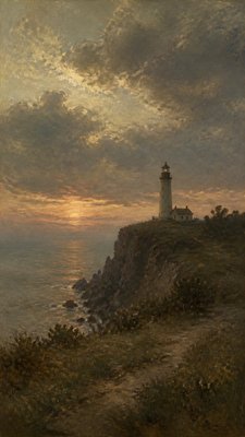 a lone lighthouse on a cliff at dusk under a dramatic sky, no text or lettering
