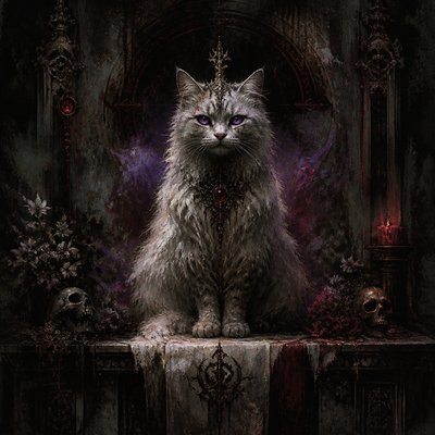a fluffy cat sitting upright, looking at the viewer