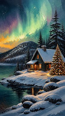 a snow-covered cottage with warm glowing windows beside a decorated pine tree, gentle snowfall, no text
