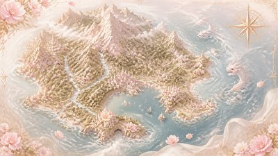 a map of an island realm with mountains, forests, a sheltered bay, sea monsters in the water and a compass rose, no text labels