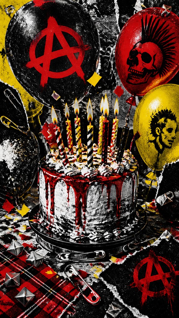 a birthday cake with lit candles surrounded by balloons and confetti, festive vertical composition, no text