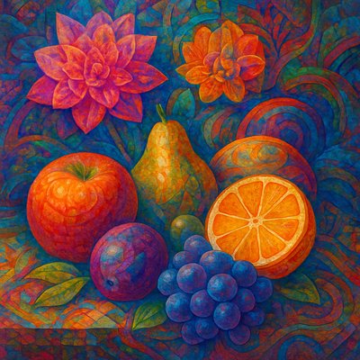 still life arrangement of fruits and flowers