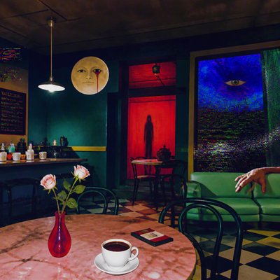 cozy cafe interior with warm lighting