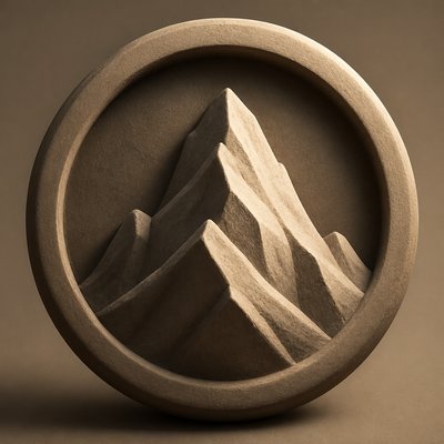 an emblem of a mountain peak inside a circle, simple bold shapes on a plain background, no text or lettering