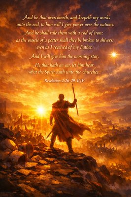 “And he that overcometh, and keepeth my works unto the end, to him will I give power over the nations: And he shall rule them with a rod of iron; as the vessels of a potter shall they be broken to shivers: even as I received of my Father. And I will give him the morning star. He that hath an ear, let him hear what the Spirit saith unto the churches.” (Revelation 2:26-29, KJV)
