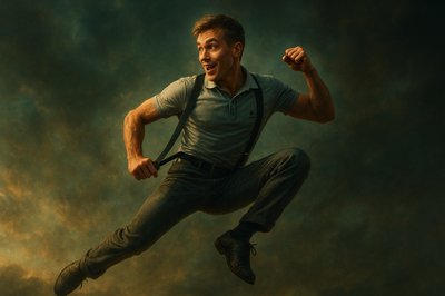 a man is jumping in the air with his hands in the air