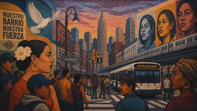 bustling city street panorama at dusk