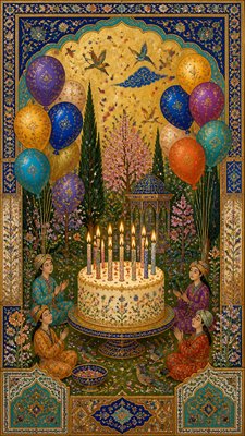 a birthday cake with lit candles surrounded by balloons and confetti, festive vertical composition, no text