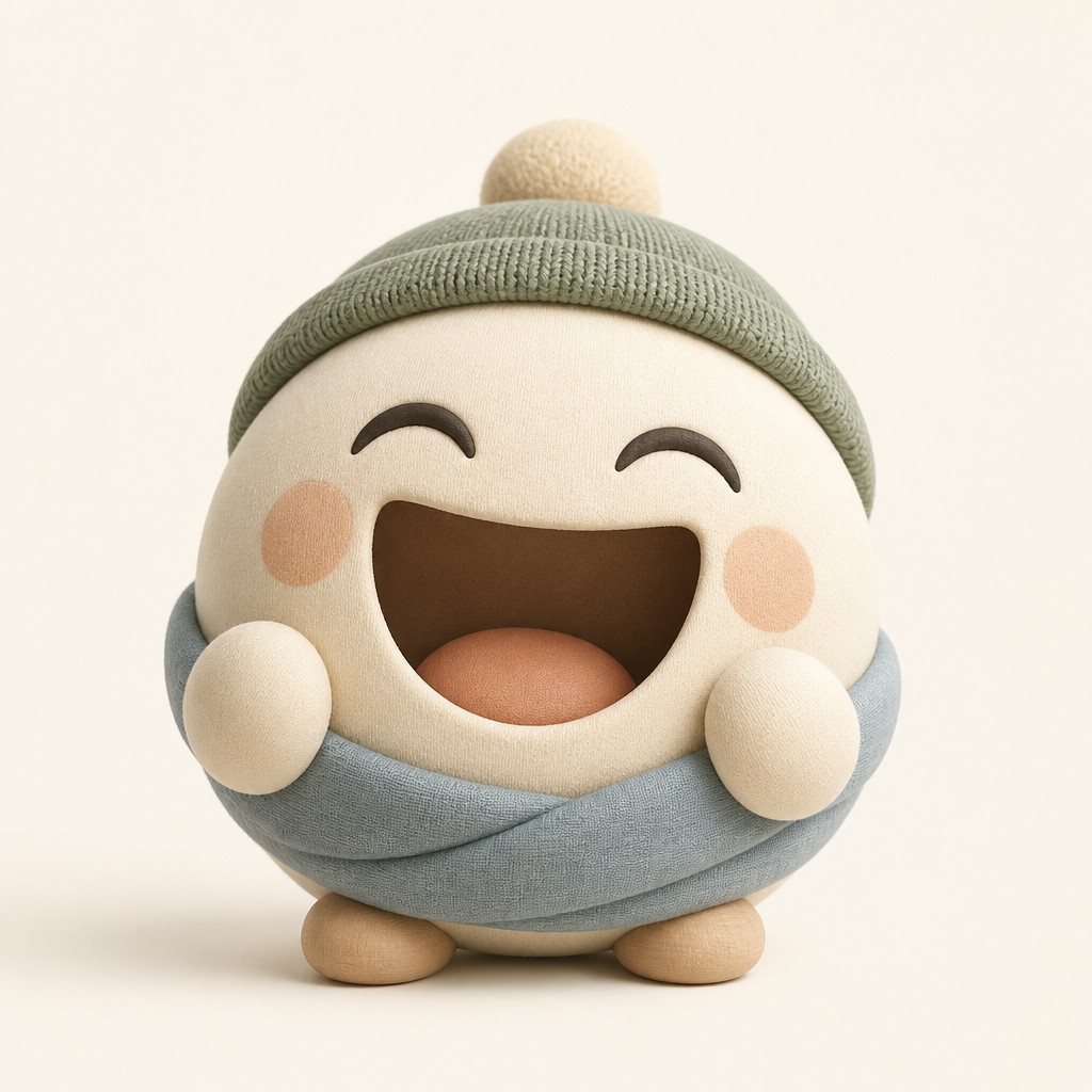 an exaggerated laughing face of an original round mascot character, bold and readable at small size, plain background, no text