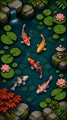 a koi pond with lily pads seen from above, no people