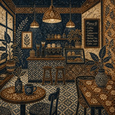 cozy cafe interior with warm lighting