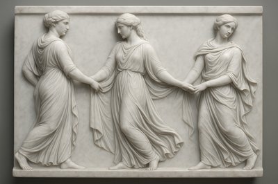 a marble sculpture of three women holding hands