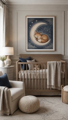 a sleeping baby fox curled on a crescent moon among soft stars, gentle and warm, no text