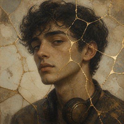 head-and-shoulders portrait of an original character: a young man with curly dark hair and headphones around his neck, plain backdrop, no text