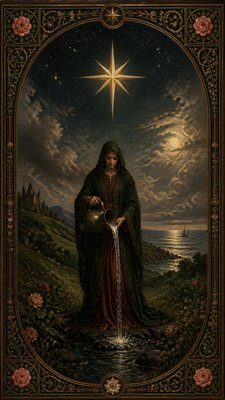 a robed figure pouring water beneath a large eight-pointed star in a night sky, symmetrical composition with an ornate decorative border, no text