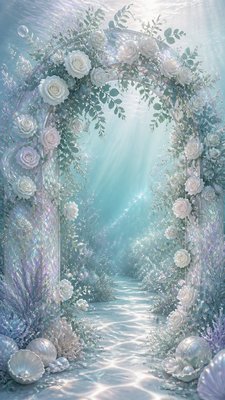 an arch of white roses and eucalyptus in soft morning light, elegant vertical composition with open space, no text