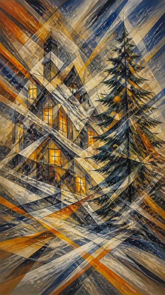 a snow-covered cottage with warm glowing windows beside a decorated pine tree, gentle snowfall, no text