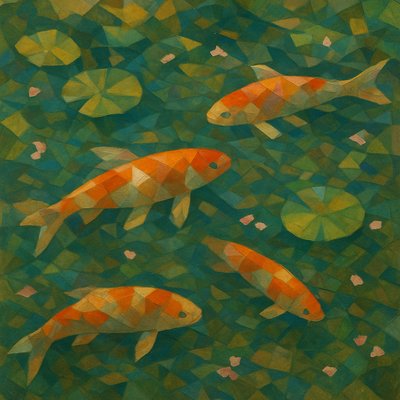 A koi pond seen from above, orange and white koi fish swimming among lily pads, clear water with subtle ripples, fallen cherry blossom petals floating on the surface, dappled sunlight