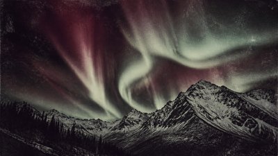 a flowing aurora over snowy peaks, wide sweeping composition, no people, no text