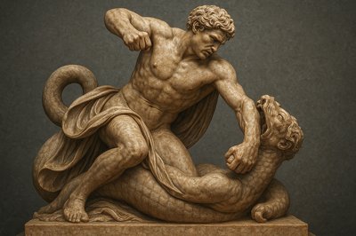 a statue of a man holding a dragon