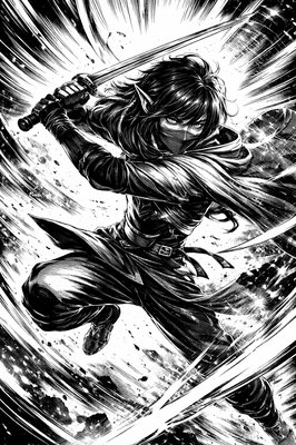 a black and white drawing of a woman holding a sword