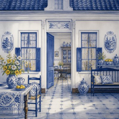 house with front view — Delft Blue Art Style