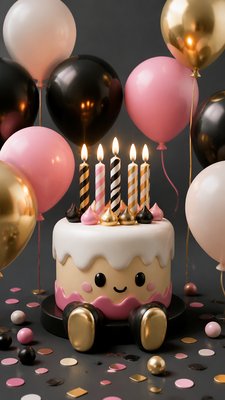a birthday cake with lit candles surrounded by balloons and confetti, festive vertical composition, no text