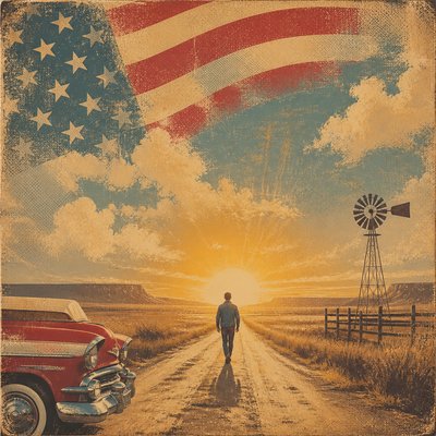 a solitary figure walking toward a glowing horizon across an empty plain, moody atmosphere, no text or lettering