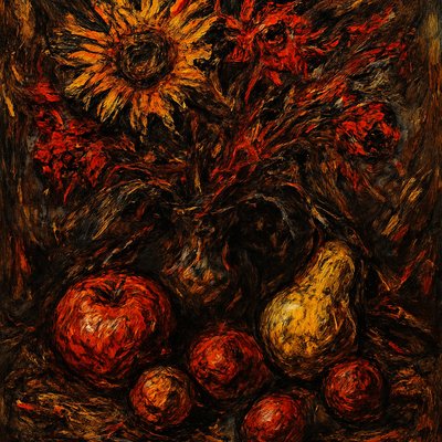 still life arrangement of fruits and flowers