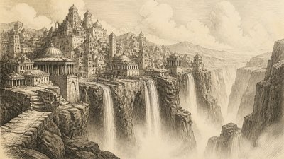a cliffside city with waterfalls cascading into a misty canyon, wide establishing shot, no people, no text