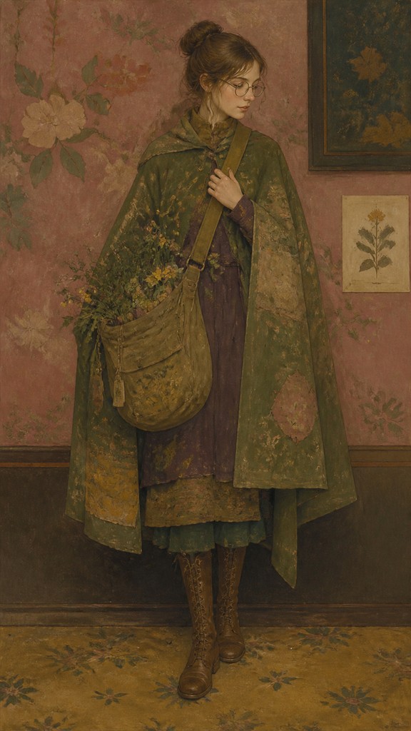full-body original character: a wandering botanist with a satchel of plants, a patched green cloak, tall boots and round glasses, neutral background