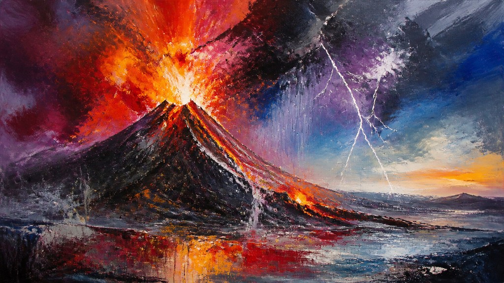 an erupting volcano with lightning strikes, dramatic wide composition, no text