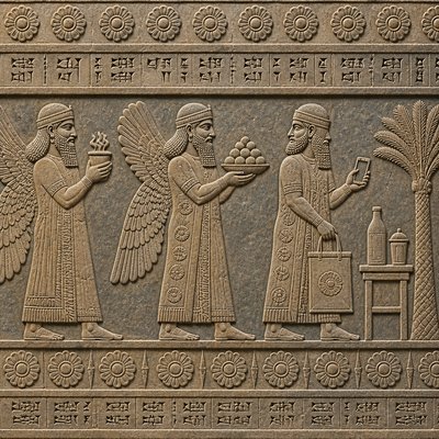 still life with everyday objects — Mesopotamian Relief Art Style