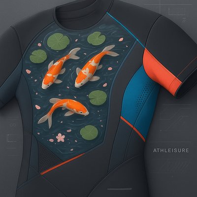 A koi pond seen from above, orange and white koi fish swimming among lily pads, clear water with subtle ripples, fallen cherry blossom petals floating on the surface, dappled sunlight