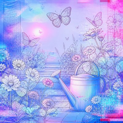 a garden scene with butterflies, flowers and a watering can, clean uncolored line art, no text
