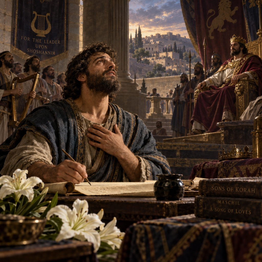 Psalms 45:1 (JPS)
1 (45:1) For the Leader; upon Shoshannim; a Psalm of the sons of Korah. Maschil. A Song of loves. (45:2) My heart overfloweth with a goodly matter; I say: 'My work is concerning a king'; my tongue is the pen of a ready writer.