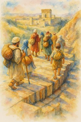 a painting of a group of people walking up some steps