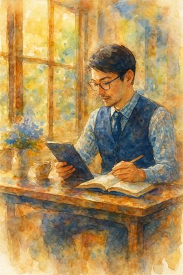 a painting of a man sitting at a desk with a book