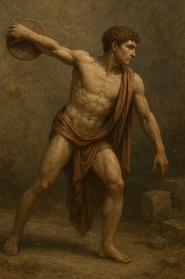 a painting of a man holding a frisbee