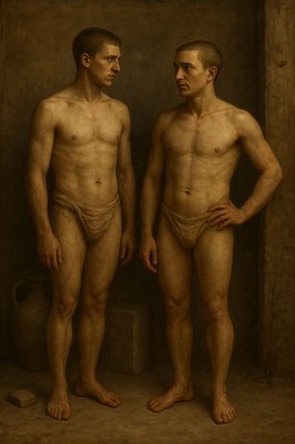 a painting of two men standing next to each other
