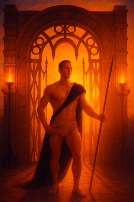 a painting of a man holding a spear