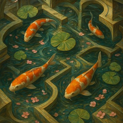 A koi pond seen from above, orange and white koi fish swimming among lily pads, clear water with subtle ripples, fallen cherry blossom petals floating on the surface, dappled sunlight