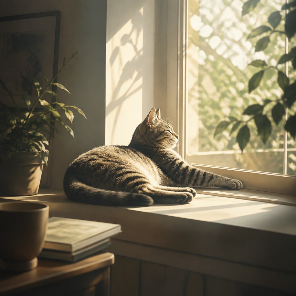 a cat lounging in a sunlit window — Implied Line Art Style