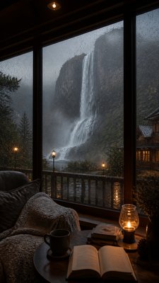 towering waterfall cascading down a cliff