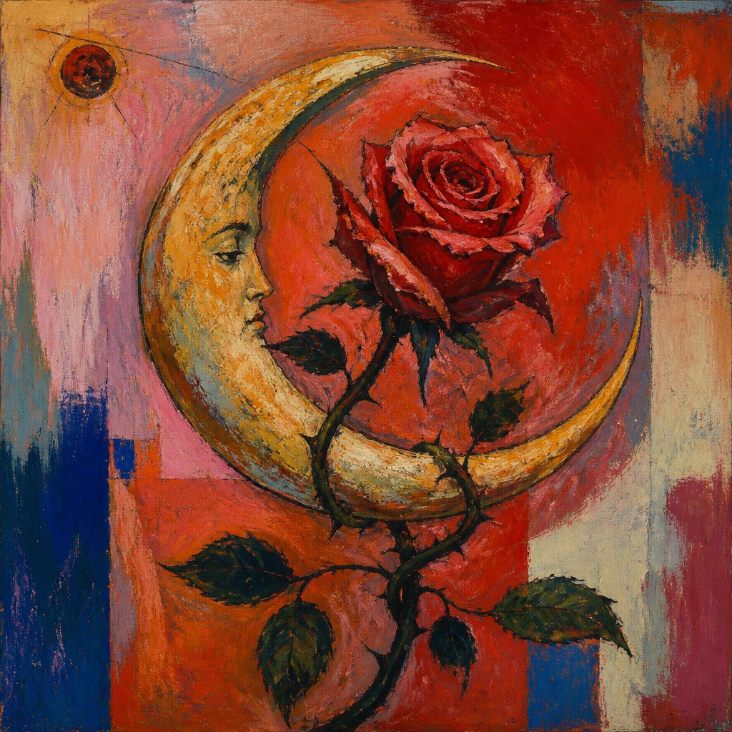 a rose entwined with a crescent moon, clean balanced composition on a plain background, no text