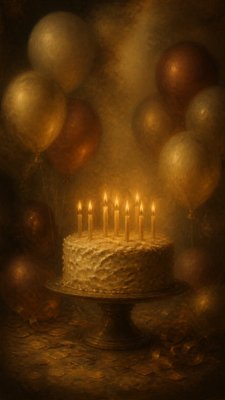 a birthday cake with lit candles surrounded by balloons and confetti, festive vertical composition, no text