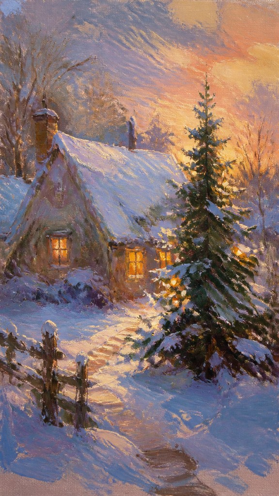 a snow-covered cottage with warm glowing windows beside a decorated pine tree, gentle snowfall, no text